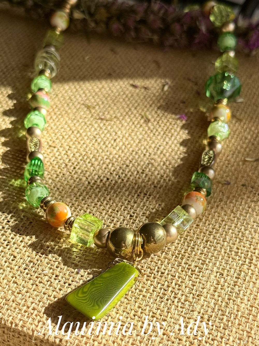 Fall essentials Lime and Gold Glass Bead Necklace with Green Pendant